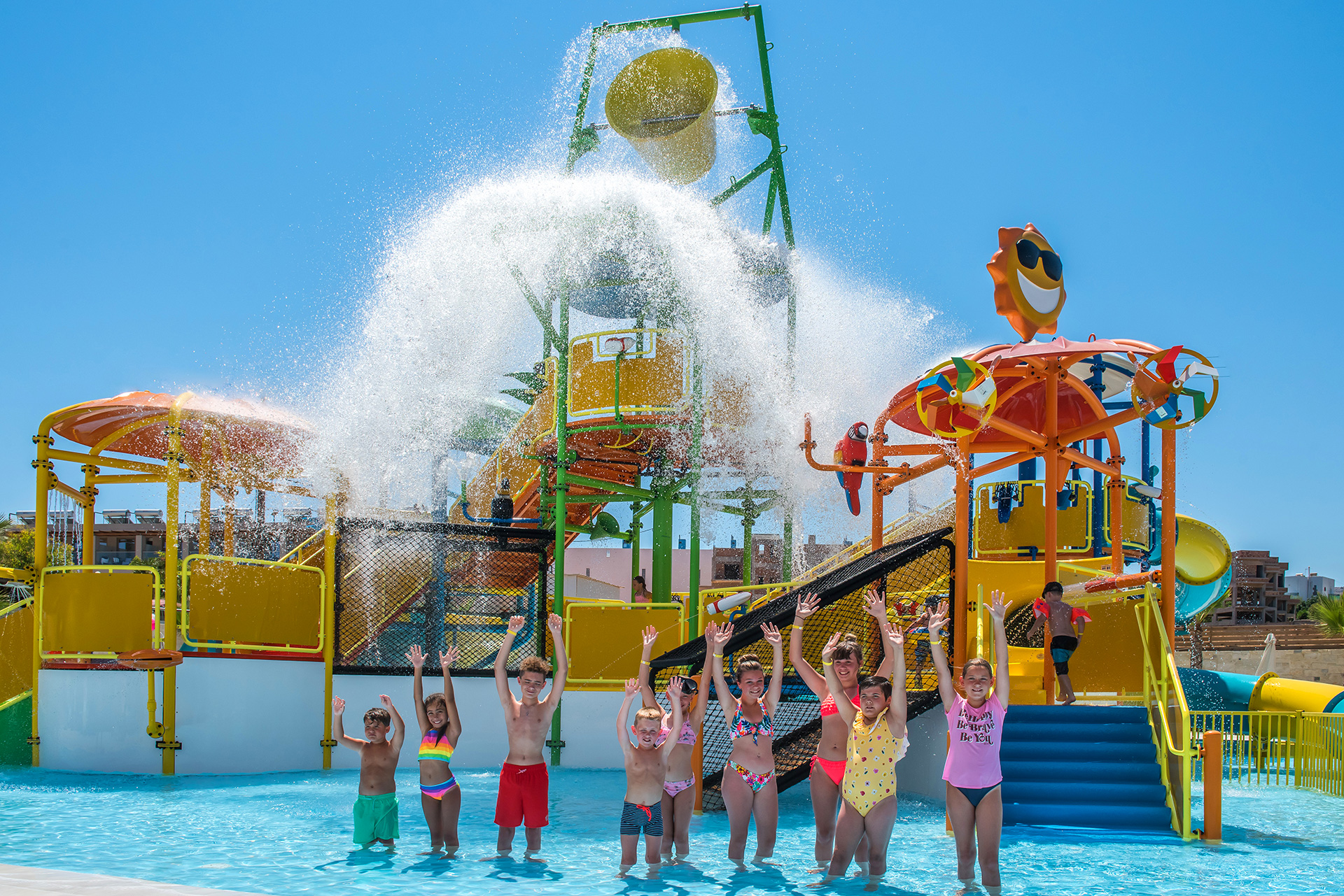 Gouves Park Splash Water Park happy visitors in front of the slides